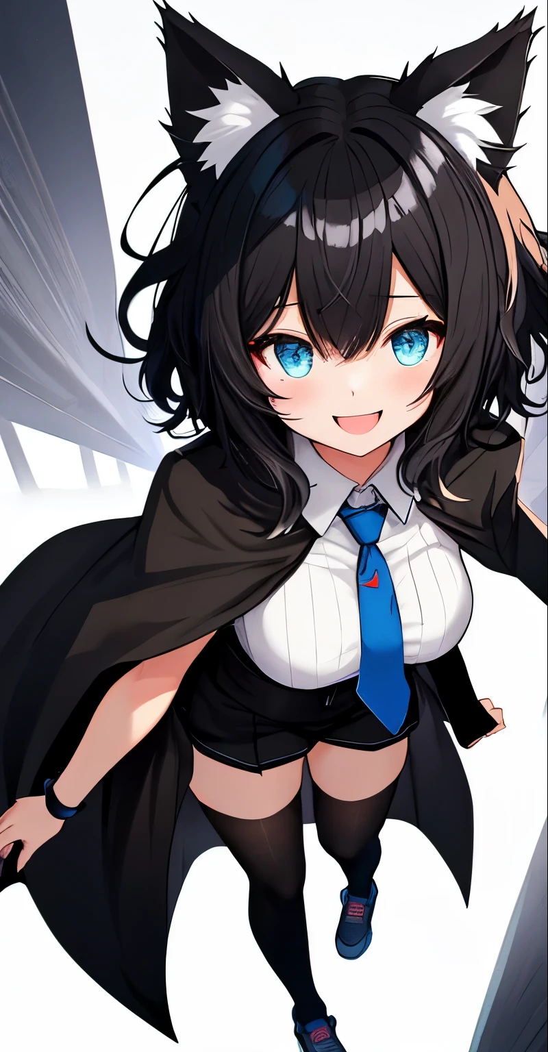 whole body,((((upright)))), ((((arm to the side)))), looking at the viewer, simple background、white background, 1 girl, open your mouth, smile, Virtual YouTuber、with a girl、((highest quality, expensive_solve, clear_image)),(black hair), (black cat ears), (Ahoge), (ridiculously short hair), (wavy hair), (blue eyes),、laughter、very big breasts,(wearing shoes on feet)、concept art、((show viewer))。black military uniform。Wearing a cape。wore a tie