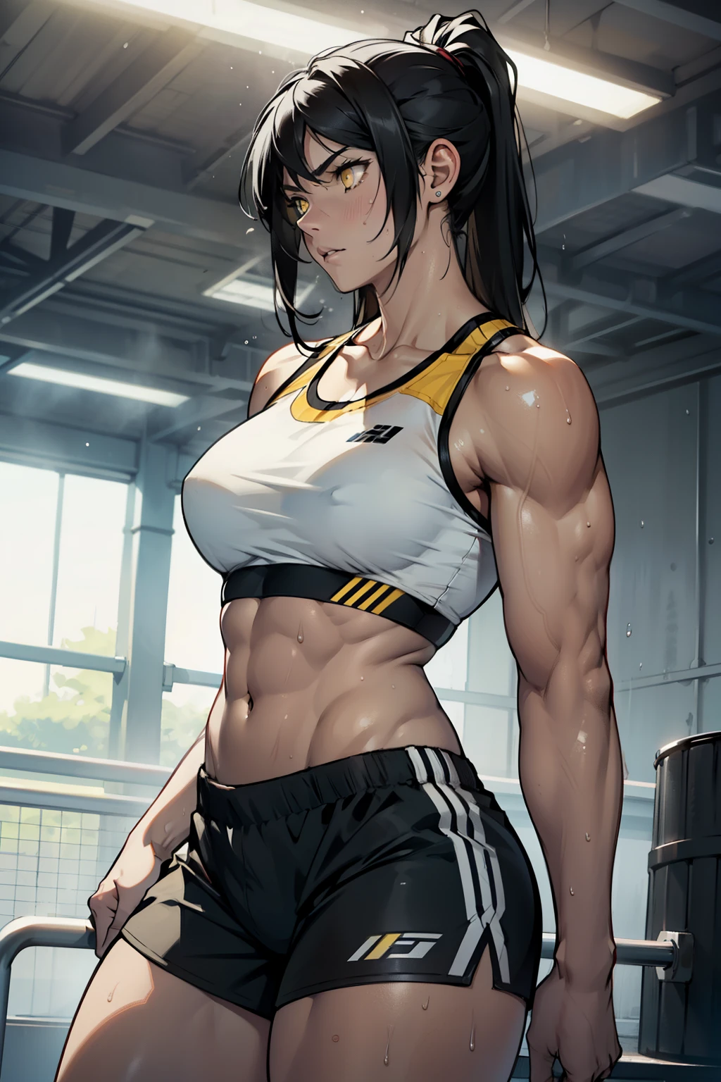 black hair, yellow eyes, solo, sweaty, shiny skin, pale skin, (((muscular, 1girl))), curvy, thin waist, very long hair, short shorts, navel, sports bra, sad expressionless