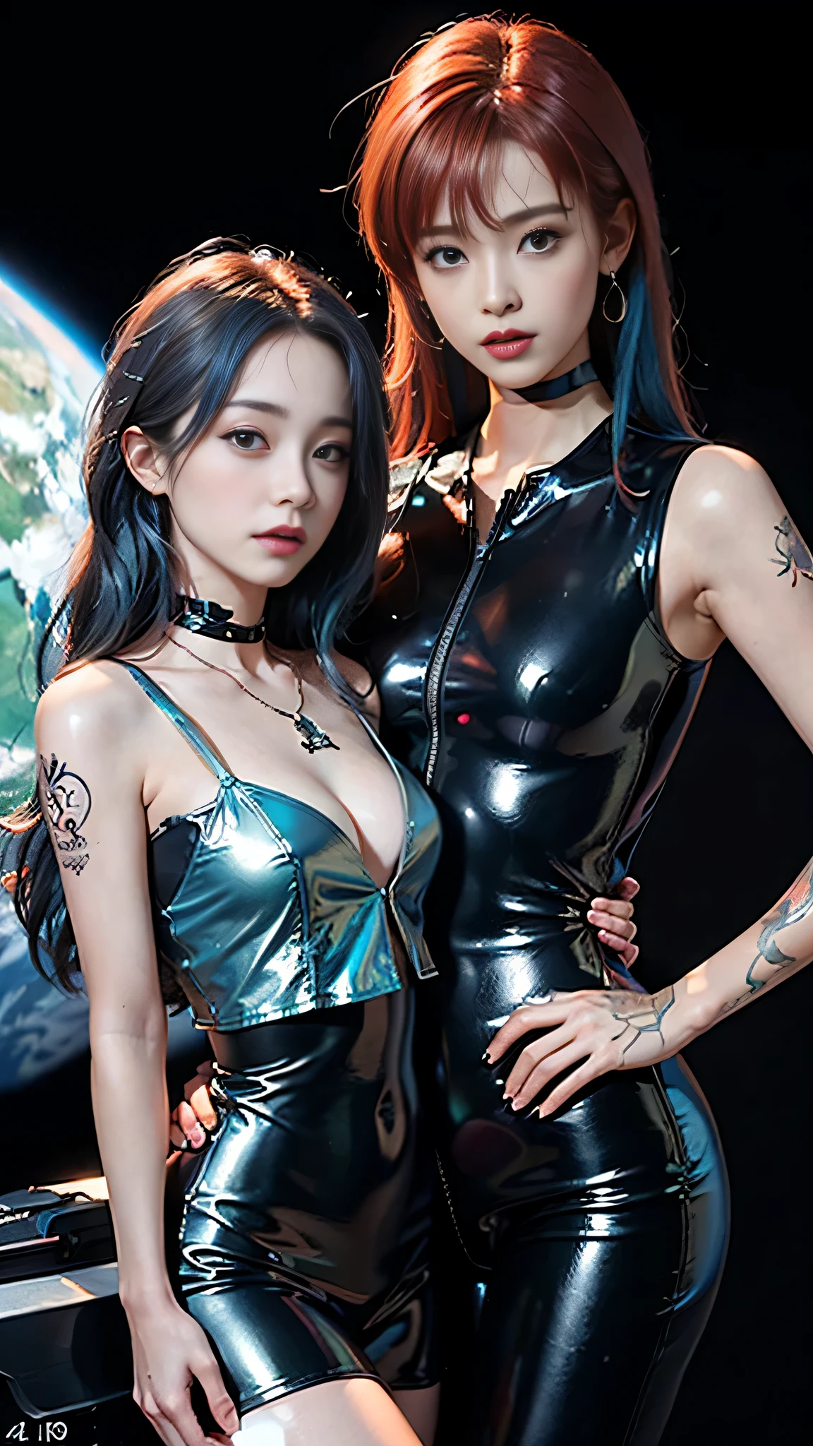 ((masterpiece:1.4)、(highest quality:1.4)、(realistic:1.7))、masterpiece:1.4、beautiful girl dirty pair、(Beautiful Space Investigator Dirty Pair:1.4)、Kei and Yuri space investigator duo、(Kei and Yuri are cute girl names:1.2)、two investigators, Kei and Yuri stand side by side...、(Written by Luis Royo:1.4)、(hold a gun:1.2)、Body fit sexy investigator duo uniform、(luxury shiny latex:1.4)、(white sleeveless uniform jacket)、(Underwear red sexy super ultra bikini)、(luxury red latex:1.4)、19 years old、(cute tattoo:1.4)、(wearing white gloves)、(two cute girls:1.4)、super beautiful、sharp focus、portrait photography、(perfect female body:1.4)、perfect proportions、sexy couple、(Upper body shot:1.4)、beautiful face、(beautiful skin:1.4)、beautiful eyes、tight waist、(Beautiful girl with long legs and good style:1.4)、beautiful feet、(Kei has red hair:1.4)、(Yuri has blue hair:1.4)、(long hair:1.2)、beautiful breasts、big breasts:1.2、sexy ass、RAW photo、red lips、red high heels:1.4、choker:1.4、necklace:1.4、earrings:1.4、1 screen display、cyberpunk city:1.2