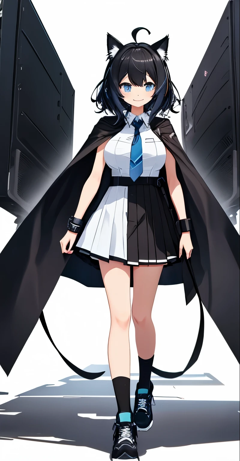 whole body,((((upright)))), ((((arm to the side)))), looking at the viewer, simple background、white background, 1 girl, open your mouth, smile, Virtual YouTuber、with a girl、((highest quality, expensive_solve, clear_image)),(black hair), (black cat ears), (Ahoge), (ridiculously short hair), (wavy hair), (blue eyes),、laughter、very big breasts,(wearing shoes on feet)、concept art、((show viewer))。uniform。Wearing a cape。wore a tie