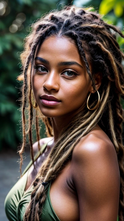 Masterpiece. Best quality, brown-skinned young woman with green eyes and dread locks in her  hair posing for a picture, soft portrait shot 8 k, beautiful young girl, beautiful portrait image, photo of a beautiful woman, perfect face and eyes, gorgeous face portrait, beautiful young woman, beautiful portrait photo, beautiful model girl, extremely beautiful face,  showing whole body ,very beautiful young woman, beautiful girl model, beautiful portrait lighting 8k uhd, dslr, high quality, film grain, fujifilm xt3