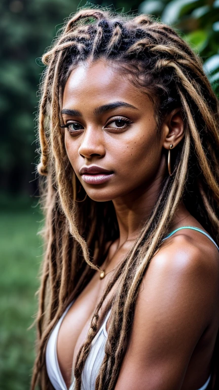 Masterpiece. Best quality, brown-skinned young woman with green eyes and dread locks in her hair posing for a picture, soft portrait shot 8 k, beautiful young girl, beautiful portrait image, photo of a beautiful woman, perfect face and eyes, gorgeous face portrait, beautiful young woman, beautiful portrait photo, beautiful model girl, extremely beautiful face, showing whole body ,very beautiful young woman, beautiful girl model, beautiful portrait lighting 8k uhd, dslr, high quality, film grain, fujifilm xt3