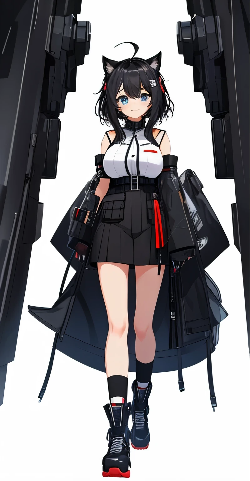whole body,((((upright)))), ((((arm to the side)))), looking at the viewer, simple background、white background, 1 girl, open your mouth, smile, Virtual YouTuber、with a girl、((highest quality, expensive_solve, clear_image)),(black hair), (black cat ears), (Ahoge), (ridiculously short hair), (wavy hair), (blue eyes),、laughter、very big breasts,(wearing shoes on feet)、concept art、((show viewer))。black military uniform。long sleeve