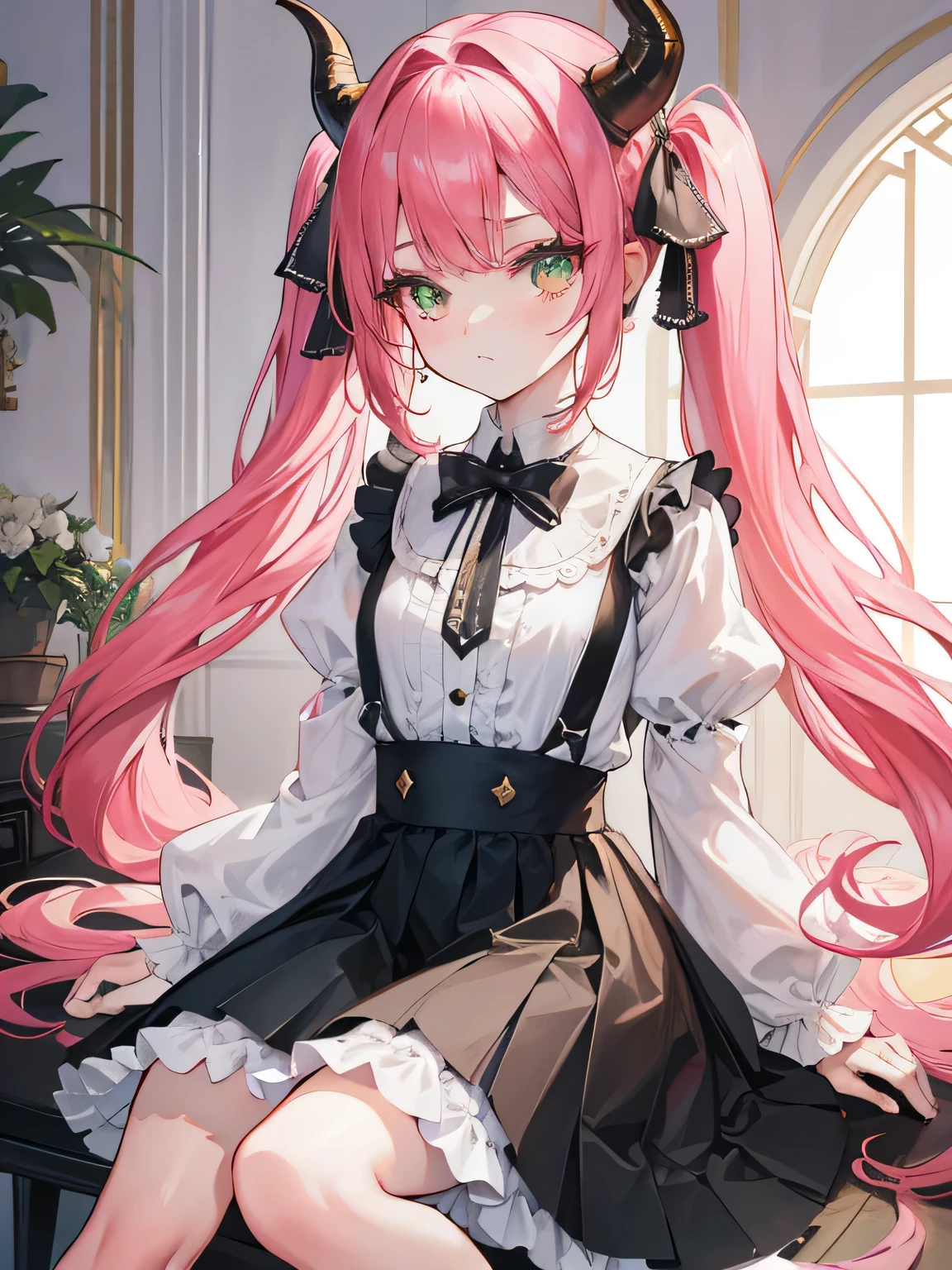 {{melhor qualidade}}, {{obra de arte}}, {{ultra-detalhado}}, {illustration}, {Luz detalhada}, cabelo rosa,olhos verdes,twintails,ta,Skirt suspenders,Fantastic,,Sozinho,dragon horns,,Cabelo longo