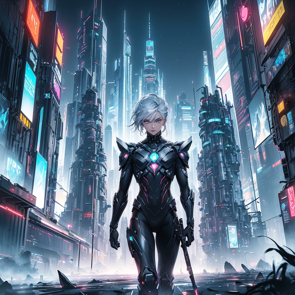 (A captivating Sci-Fi Movie Poster in HIGH DEFINITION and 12K RESOLUTION, showcasing a futuristic cityscape with intricate details, sprawling neon-lit metropolis, towering skyscrapers, and advanced spacecrafts hovering above. The scene is filled with a vibrant color palette and bold brushstrokes, depicting the harmony between technology and nature. In the foreground, a mysterious figure in sleek armor, with piercing silver eyes and metallic skin, holds a high-tech weapon, ready for an epic adventure. The overall composition is carefully thought out, creating a balance between the chaotic city and the tr