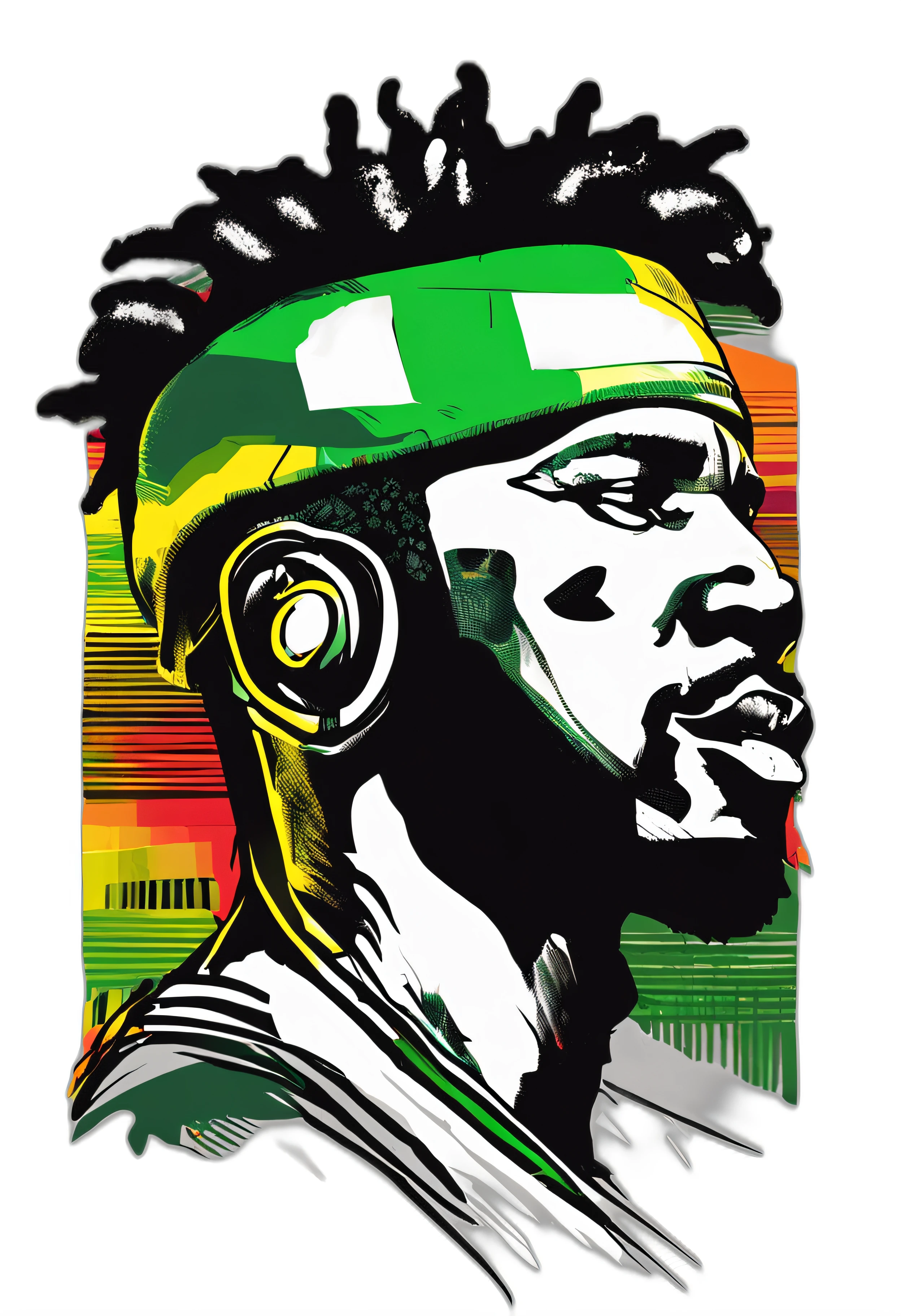 Create a logo with the head of a black man with dreadlocks in black colors, verde, amarelo e vermelho (olhando para a frente) , imagem estilo logomarca , sober, (fundo preto), Image with resolution of at least 300dpi, UHD 8k, Very high quality for excellent printing. Lighting that highlights the figure in relation to the background, cores do reggae, Estilo da camada de disco