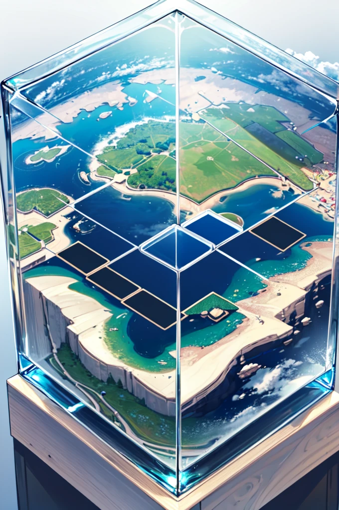 (continents from above view in a glass cube: 1.3), (simple background: 1.1)