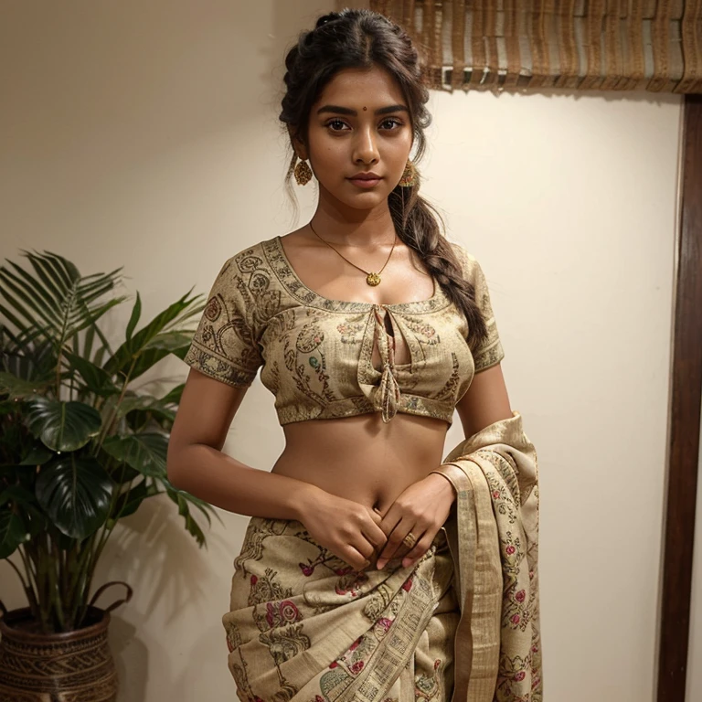 lovely cute young attractive indian girl, brown eyes, gorgeous actress, 23 years old, cute, an Instagram model, Indian, Top Knot Trend , full body Women's Cotton Linen Silk Saree With Kalamkari Print and Zari With Blouse Piece