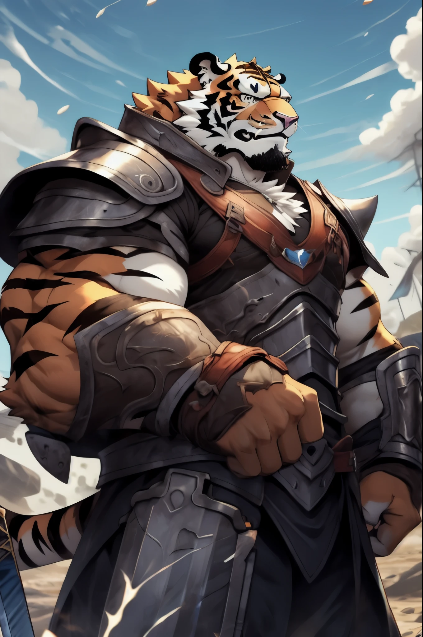 a burly one, furry tiger，Rich chest muscles，full body portrait,wearing armor,Sword on waist,Shoulders with pauldrons,There are armpits on the hands too,On the war zone,(Glaring ahead),The environment is harsh,The weather is gloomy