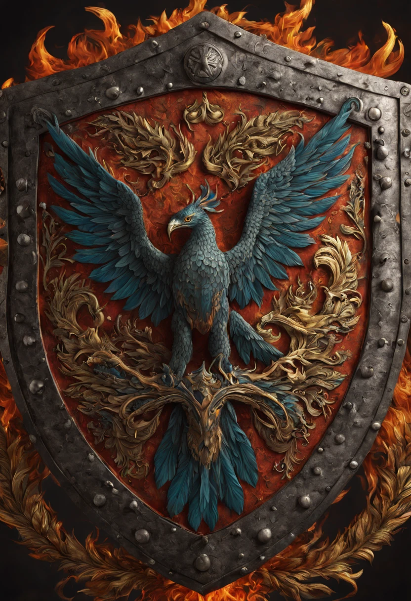 "A battle shield with a coat of arms depicting a phoenix bird and fanged snake theme. The shield is highly intricate, adorned with beautiful and maximalist details. The phoenix bird is depicted in vibrant colors, with intricate feathers and a fierce expression, symbolizing rebirth and strength. The fanged snake, with its intricate scales and menacing gaze, represents danger and protection. The background is engulfed in flames, radiating warmth and intensity, adding a fiery atmosphere to the scene. The shield is crafted using the finest materials, creating a masterpiece that showcases exceptional craftsmanship. The level of detail is hyperdetailed, capturing every intricate element with precision. This artwork is trending on Artstation, captivating art enthusiasts with its mesmerizing beauty and expert execution."