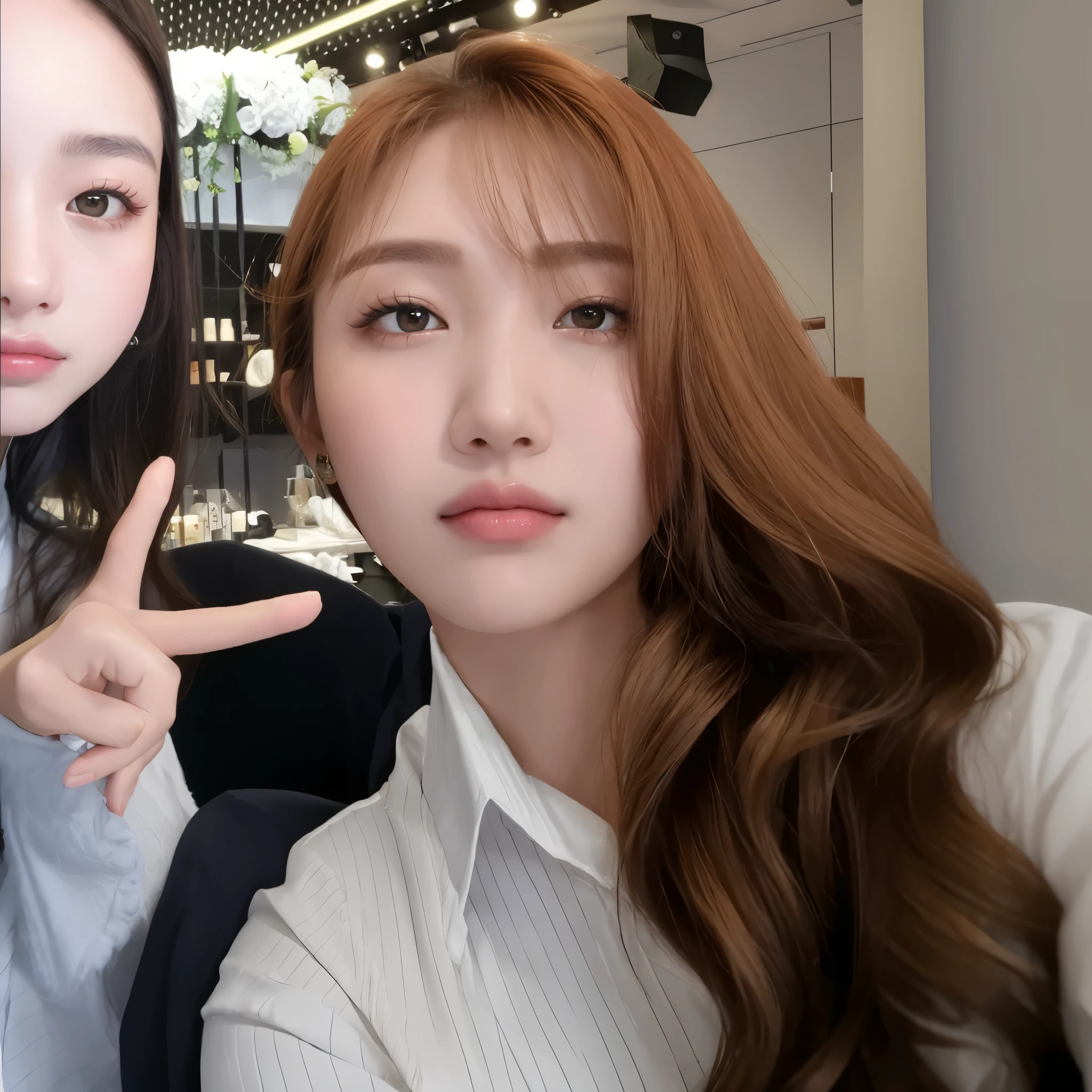 there are two women posing together for a photo in a salon, fotografia selfie 8k, linda jovem coreana, young lovely korean face, selfie, selfie de uma jovem, atriz feminina da Coreia, selfie taken directly at angle, sem maquiagem, sangsoo jeong, linda mulher sul-coreana, jaeyeon nam, Lalisa Manobal, com hera, big eyes 
