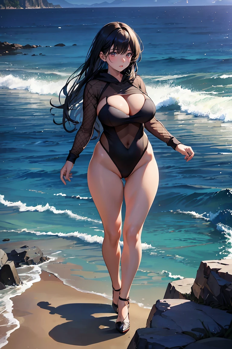 (highest quality,high resolution,(Ultra high fine mesh,4K), (ultra high resolution,8K),muste piece:1.2), (perfect anatomy,anatomically accurate), (Angle from above), (soft lighting, rendering), (Two cute high school girls), High-definition beauty face, (high heels), (private beach), (elegant leotard swimwear), (Wear a gray hoodie), (Crisp double eyelids), (fascinating expression),(large breasts:1.3), (soft skin), (It's photorealistic), (glowing skin), (colorful hair)