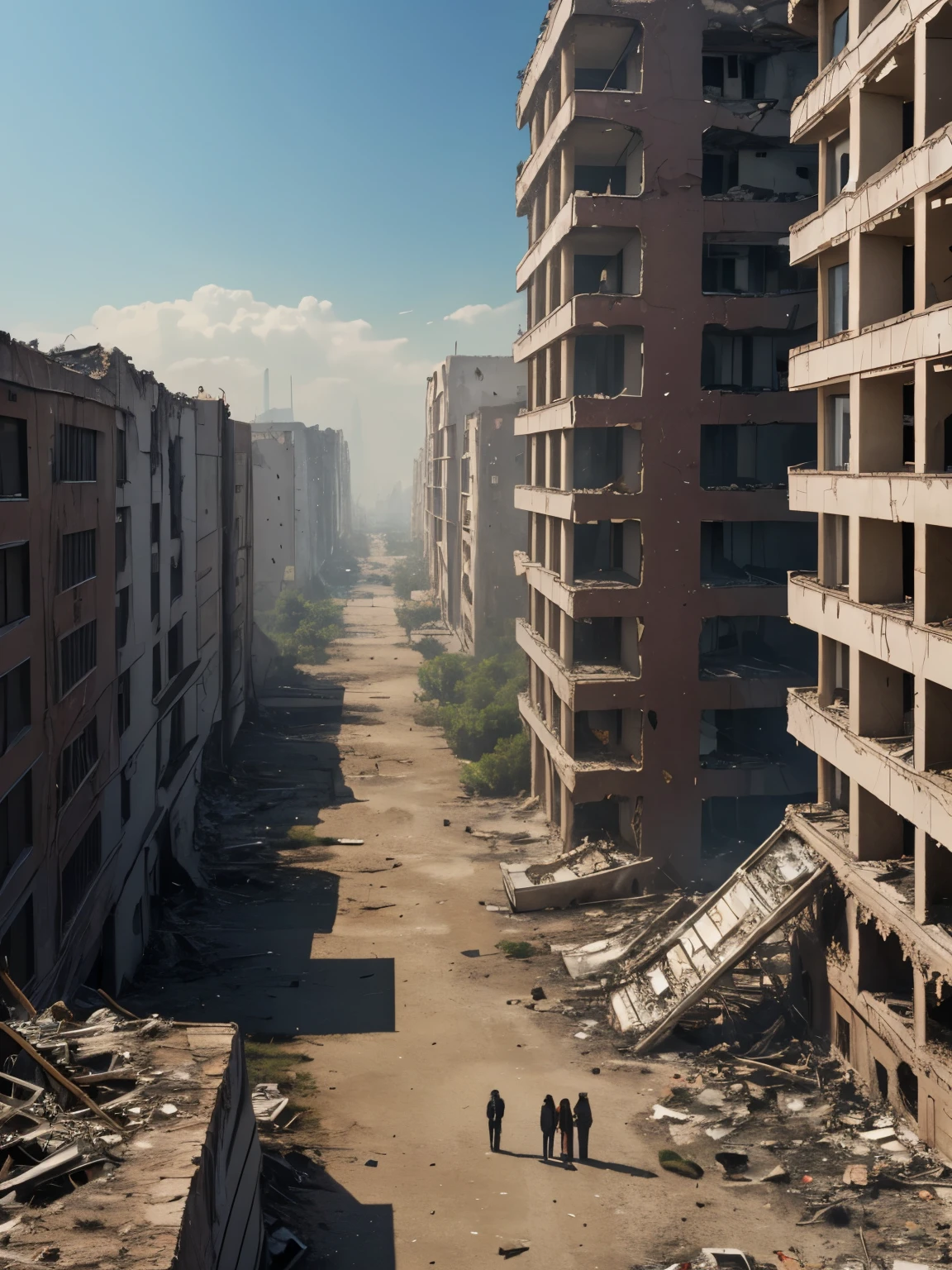 Collapse of society, intricate details, landscape, modern city in ruin, survivors huddled around fires