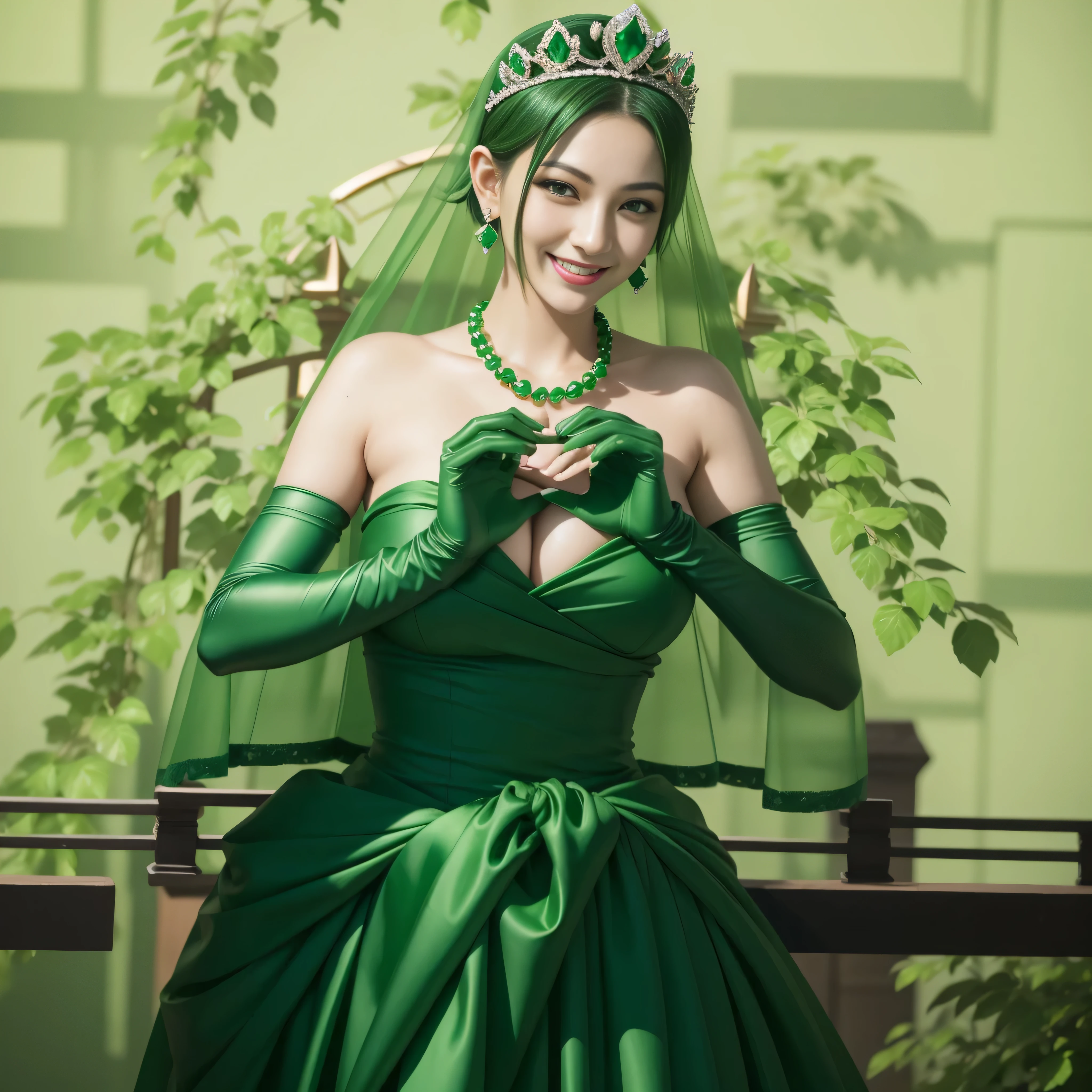 emerald tiara, green pearl necklace, boyish very short green hair, lipstick, smiling Japanese woman, very short hair, Beauty with large , green eyes, Long Green Satin Gloves, green eyes, emerald earrings, green veil, heart with both hands