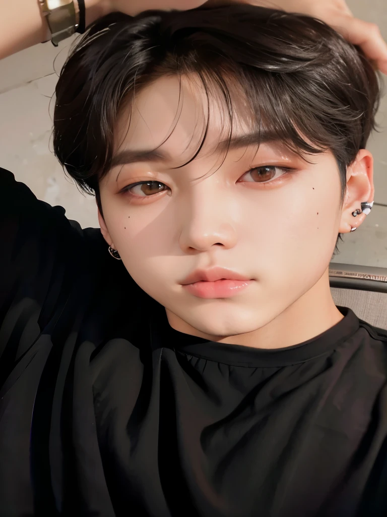 um close up de uma pessoa com uma camisa preta em, Jungkook, cai xukun, Kim Doyoung, Jung Jaehyun, adorable and pale korean face, taejune kim, Jinyoung Shin, hyung tae, profile picture with headshot, Wonbin Lee, Shin Jeongho, sakimichan, Hong junho hyung, Jimin\the right eyelid is swollen