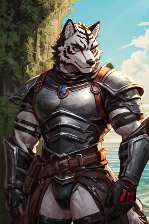 An image of a gray wolf hybrid kemono boy, zorro gris de 9 colas, white lion, white tiger and cyan aquatic dragon with an entire well-formed musculature, trabajados, tonificados, esculpida y robusta, who is 19 years old and wearing knight armor without the helmet.