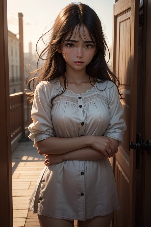 best quality, masterpiece, ultra high resolution, (photorealistic:1.4), RAW photos, (RAW photos, best quality), (realistic, photo-realistic:1.3), standing, very delicate and beautiful, amazing, in detail, masterpiece, very detailed, best quality, masterpiece, (realistic:1.2), 1 girl, 17 years old, Black hair, brown eyes, crying sound, Trembling with fear, front, detailed face, beautiful eyes, crying a lot, cowboy shot, tear,