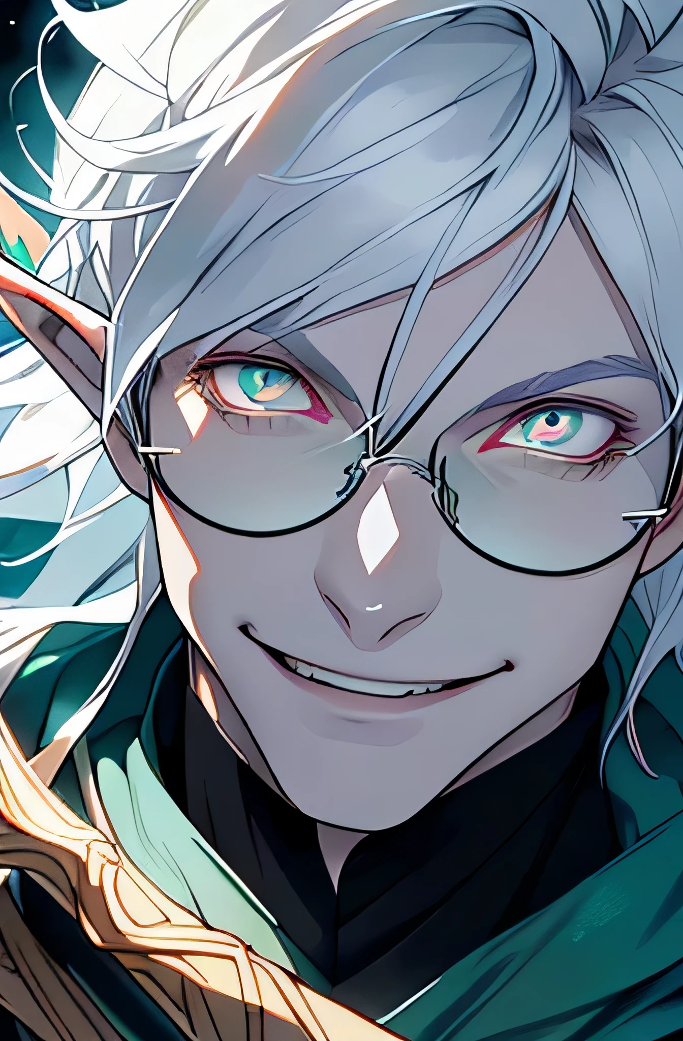 details, power in hand (effect), a closeup of a person with long white hair and a bow and arrows A portrait of a male elf, silver-skinned male elf, Rio Male, male fantasy portrait, handsome male elf, Portrait of Drizzt Do'Urden, Portrait of fin wildcloak , a male elf, handsome drow, portrait of an elven warrior, fantasy concept art portrait, sparkling city in the background, (((a close-up of a person with long silver hair))), ((Caucasian-skinned male elf)), male fantasy portrait, handsome male elf, a male elf, handsome drow, portrait of an elven wizard, portrait of fantasy concept art, (circle glasses), ((smile: 1.5)), ((detailed magic cloak with gold and green colors)), (((silver eyes))), ((time magic)), much confident, ((face based on satoru gojo)), (very detailed silver eyes), (very details shadow and light, (((perfect hand))), ultradetalhista