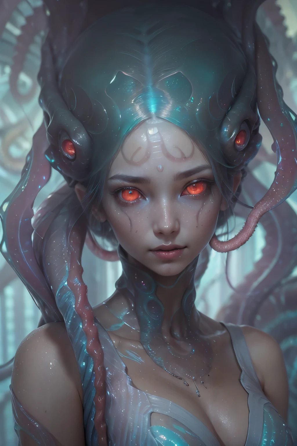 (1 beautiful and obscene female alien:1.4), (There is a female genital-like organ in the middle of the forehead:1.95), (vulgarity1.7), (she is looking at viewers with glowing red eyes with no pupils:1.8), (She has translucent pale skin:1.7),(She has the most beautiful face in the history of the universe:1.2), (She has multiple bioluminescent organs on the side of her tentacles:1.4), (Her body is covered with an iridescent exoskeleton:1.6), (She is showingh her arm pits:1.4), an evil gaze that seduces, (large mouth:1.1), (sharp teeth like a vampire:1.2), Full body portrait, (bio luminescent:1.5), (Smile wickedly:1.3), (sexypose:1.5), alien, No humans, cells are fused, (there are lots of translucent tentacles from her head like her hair:1.8) extraterrestrial, cell, bio image, best quality, masterpiece, ultra high resolution, (photos realistic:1.7), scary and sexy detailed art in color, best quality, 8K,In 4K_quality, High freshness, Dramatic Lighting, cinematic quality, detail up, (exquisite details:1.2), High freshness, drawing faithfully, (Thick eyebrows:1.2), Beautiful eyes with fine symmetry,(Highly detailed face and eyes:1.2),(Super detailed skin quality feeling:1.4), perfect anatomy, (Beautiful toned body:1.5), (Moist skin:1.2), not wearing makeup, (dark circles:1.1), long canines, cinematic drawing of characters, cinematic quality, detail up, (exquisite details:1.2), high resolution, High freshness, drawing faithfully, official art, Unity 8K Wall paper, ultra detailed artistic photography, midnight aura, unreal engine 5, Ultra Sharp Focus, art by Amano Yoshitaka, ArtGerm, Roisch, intricate artwork,ultra realistic realism, dream-like, Creation of fantasy, dream Snail, (biopunk nautilus:1.3),Thrilling color schemes, seductively smiling, Amazing mutation, well-proportioned body, goddess of the deep sea, fractal, Geometric pattern, impossible figures,(asymmetry:1.4), (white tentacles with blue stripes:1.4), subtle emerald green accents, (expression of ecstasy:1.6)
