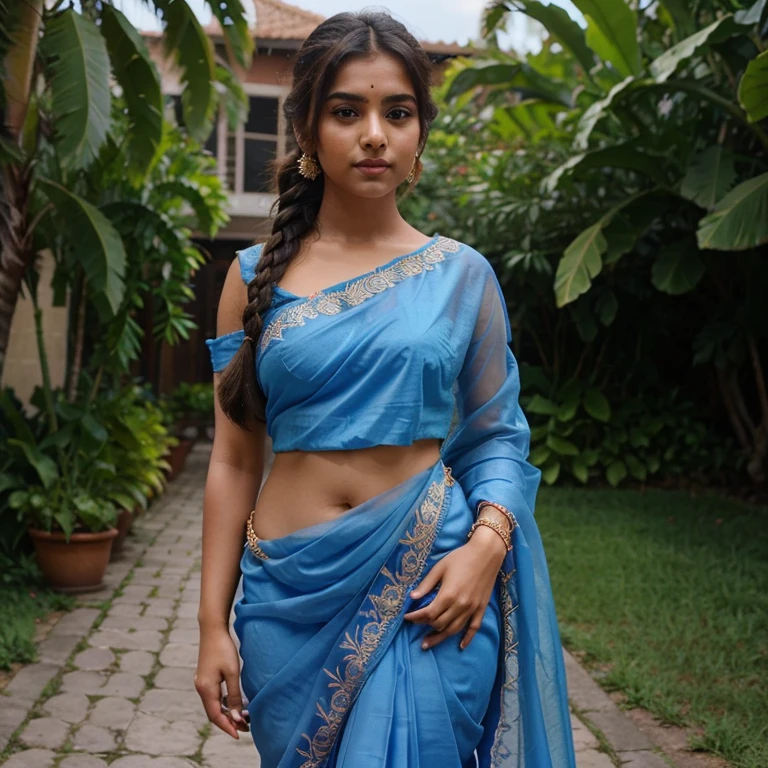 lovely cute young attractive indian girl, brown eyes, gorgeous actress, 23 years old, cute, an Instagram model, Indian,Side Dutch Braid for Girls , full body, 60
Women's Embroidered Work blue Organza Saree With Unstitched Blouse Piece