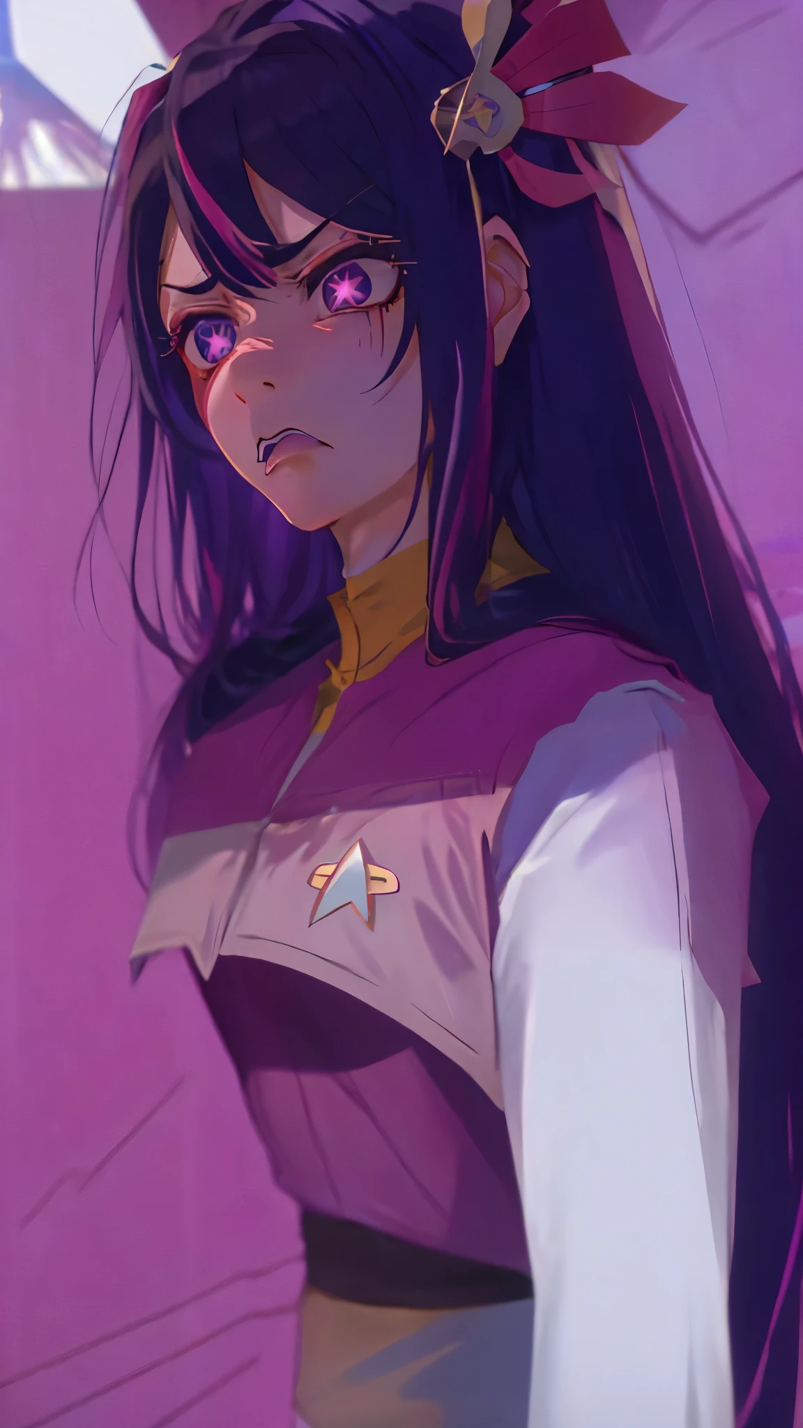 Hoshino Ai, long hair, purple hair, streaked hair ,purple eyes, star-shaped pupils, hair ornament
Trigger Words:
((looking disgusted))
very angry
disappointed ds9st uniform