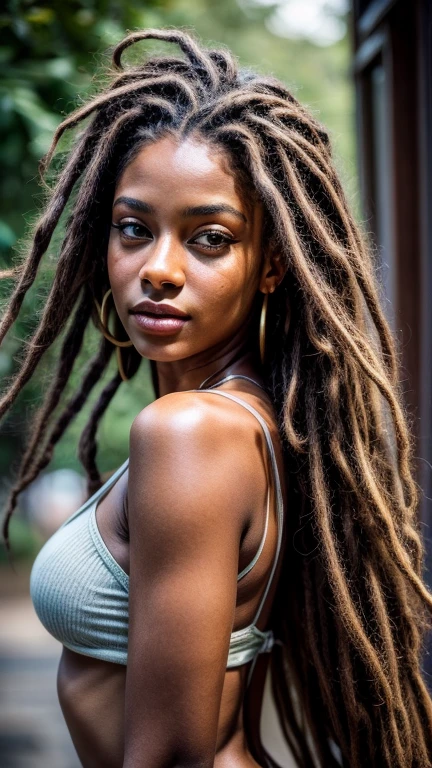 Masterpiece. Best quality, medium brown-skinned young woman with green eyes and dread locks in her hair posing for a picture, soft portrait shot 8 k, beautiful young girl, beautiful portrait image, photo of a beautiful woman, perfect face and eyes, gorgeous face portrait, beautiful young woman, beautiful portrait photo, beautiful model girl, extremely beautiful face, Standing with a view of her whole body ,very beautiful young woman, beautiful girl model, beautiful portrait lighting 8k uhd, dslr, high quality, film grain, fujifilm xt3