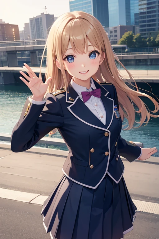 high resolution、high school girl、uniform、Comes running with a smile、Waving at me、Skirts that inspire、very cute face、Eyes that shine like jewels、Road along the river