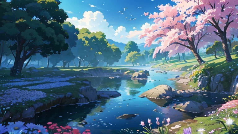 PAISAJE LLENO DE ARBOLES, AL FONDO SE VE EL MAR, ENM EL AIRE VAN VOLANDO PETALOS DE FLORES Y HOJAS