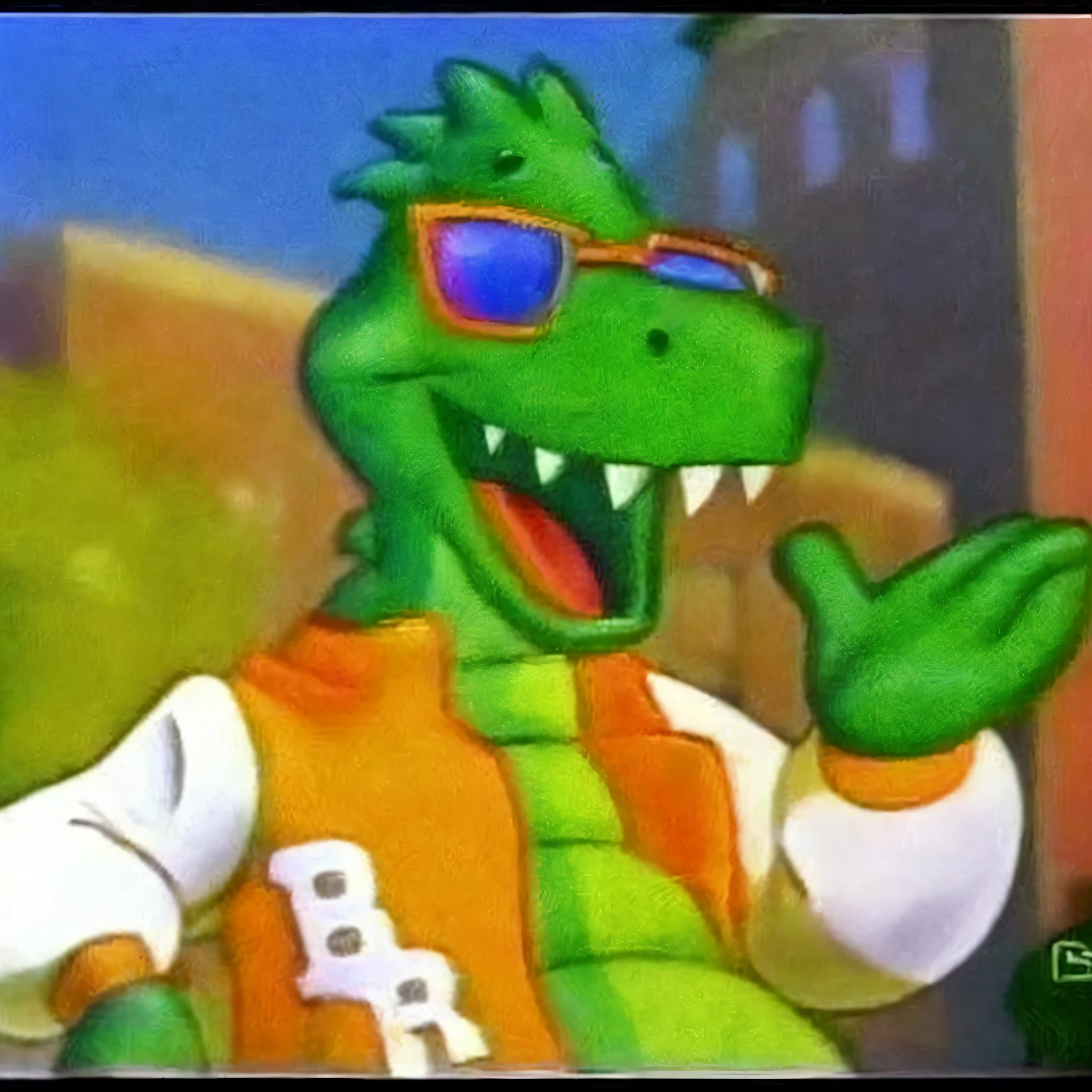 a close up of a cartoon character with sunglasses on, anthropomorphic alligator, cartoon from the 90's, barney the dinosaur, lizardman, all mimsy were the borogoves, half shark alligator half man, 90s cartoon, 9 0 s toy commercial, reptil, from the hit 9 0 s tv show, anthro lizard