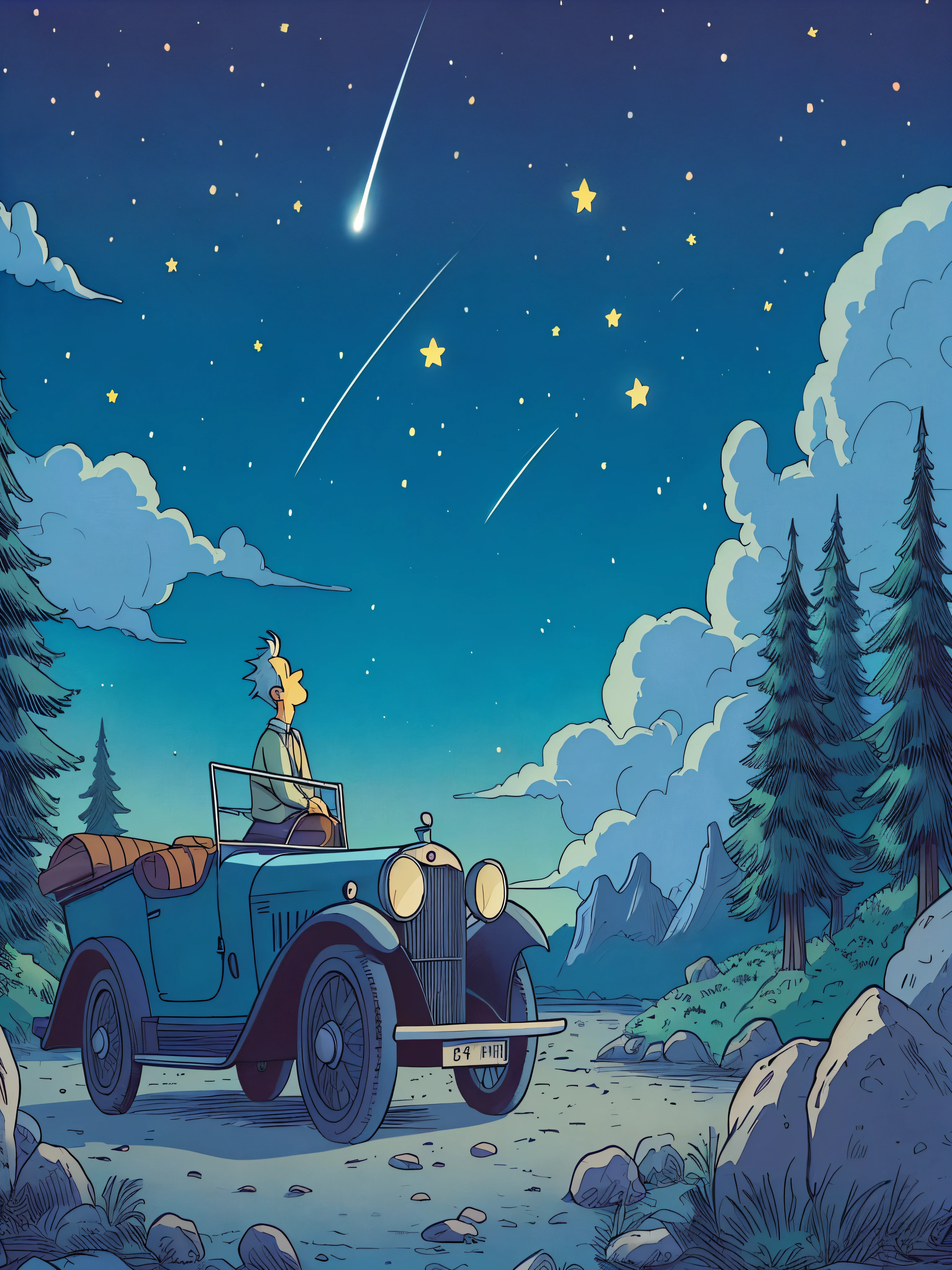 Draw a tintin style anime aerial simple art of Mr Simpson sitting on his vintage car looking at stars, granite rocks, shooting star, night, pine trees, greenery, dim light, clouds, beautiful sky, beautiful color palette,