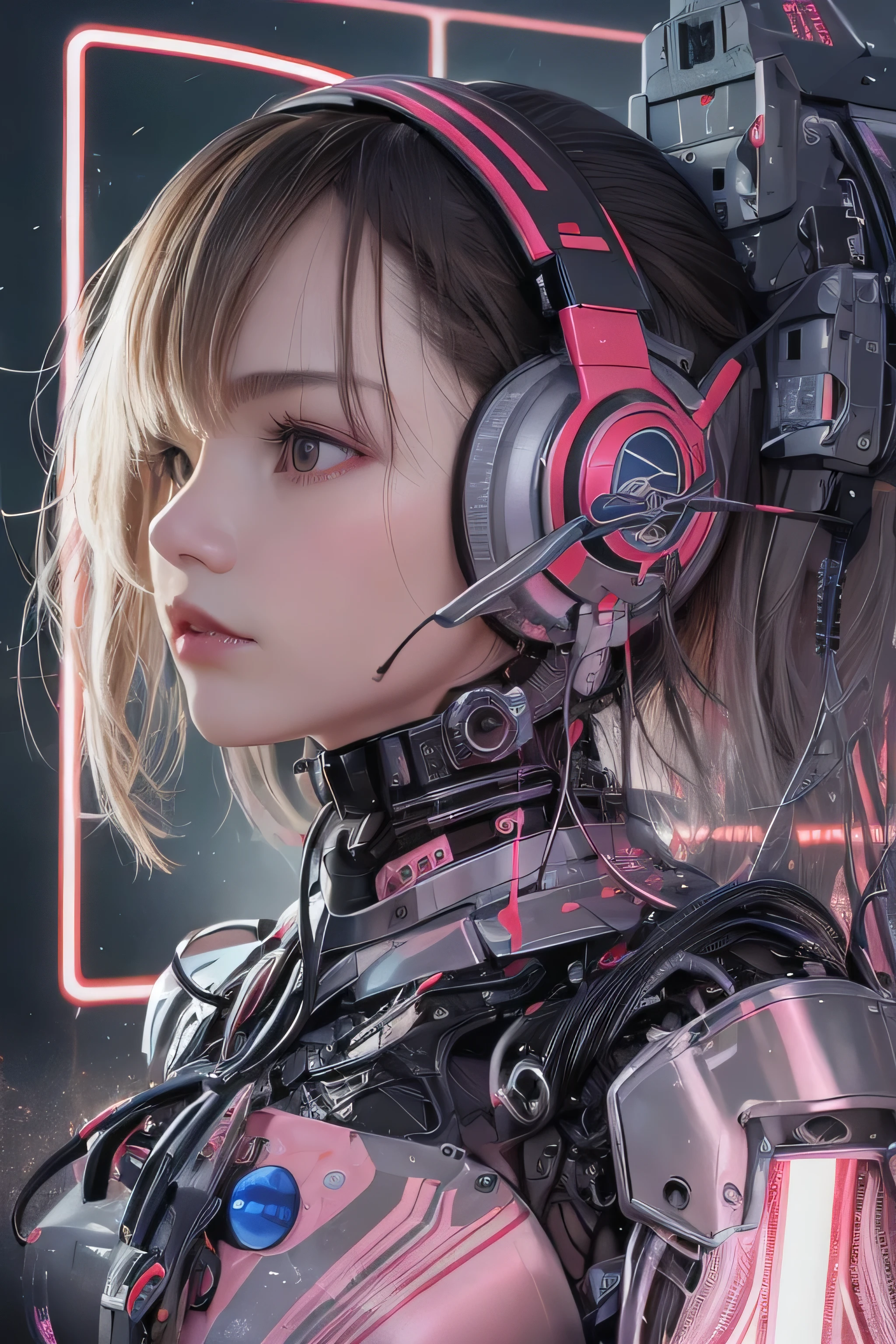 Top quality, masterpiece, ultra high resolution, (photorealistic: 1.4), raw photo, futuristic town perspective, futuristic skyscrapers, 12 year old girl standing on a futuristic street corner, black hair, shiny skin, 1 Gundam girl, (((ultra-realistic details)), sidmead-style mecha design, portrait, global illumination, shadow, octane rendering, 8K, Ultra Sharp, Big, Cleavage Exposed Raw Skin, Metal, Intricate Ornamental Details, Headset, Hydraulic Cylinder, Very Intricate Details, Realistic Light, CGSoation Trend, Purple Eyes, Glowing Eyes, Facing the Camera, Neon Details, Mechanical Limbs, Blood Vessels Connected to Tubes, Mechanical Vertebrae Attached to the Back, Mechanical Cervical Attachment to the Neck, sitting, wires and cables connecting to the head, Gundam suit, cyberpunk, small LED lamps,