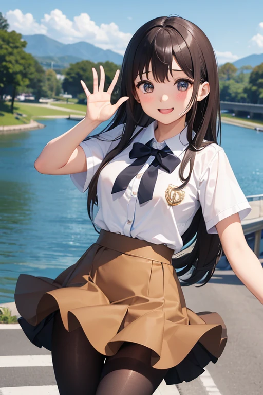 high resolution、high school girl、uniform、(brown pantyhose)、smile、(running here)、Waving at me、Skirts that inspire、very cute face、Eyes that shine like jewels、Road along the river