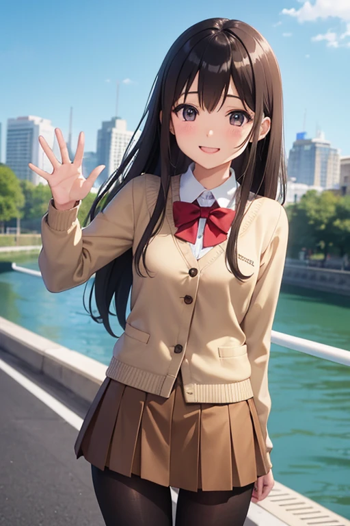 high resolution、high school girl、uniform、（brown pantyhose）、smile、（running here）、Waving at me、Skirts that inspire、very cute face、Eyes that shine like jewels、Road along the river