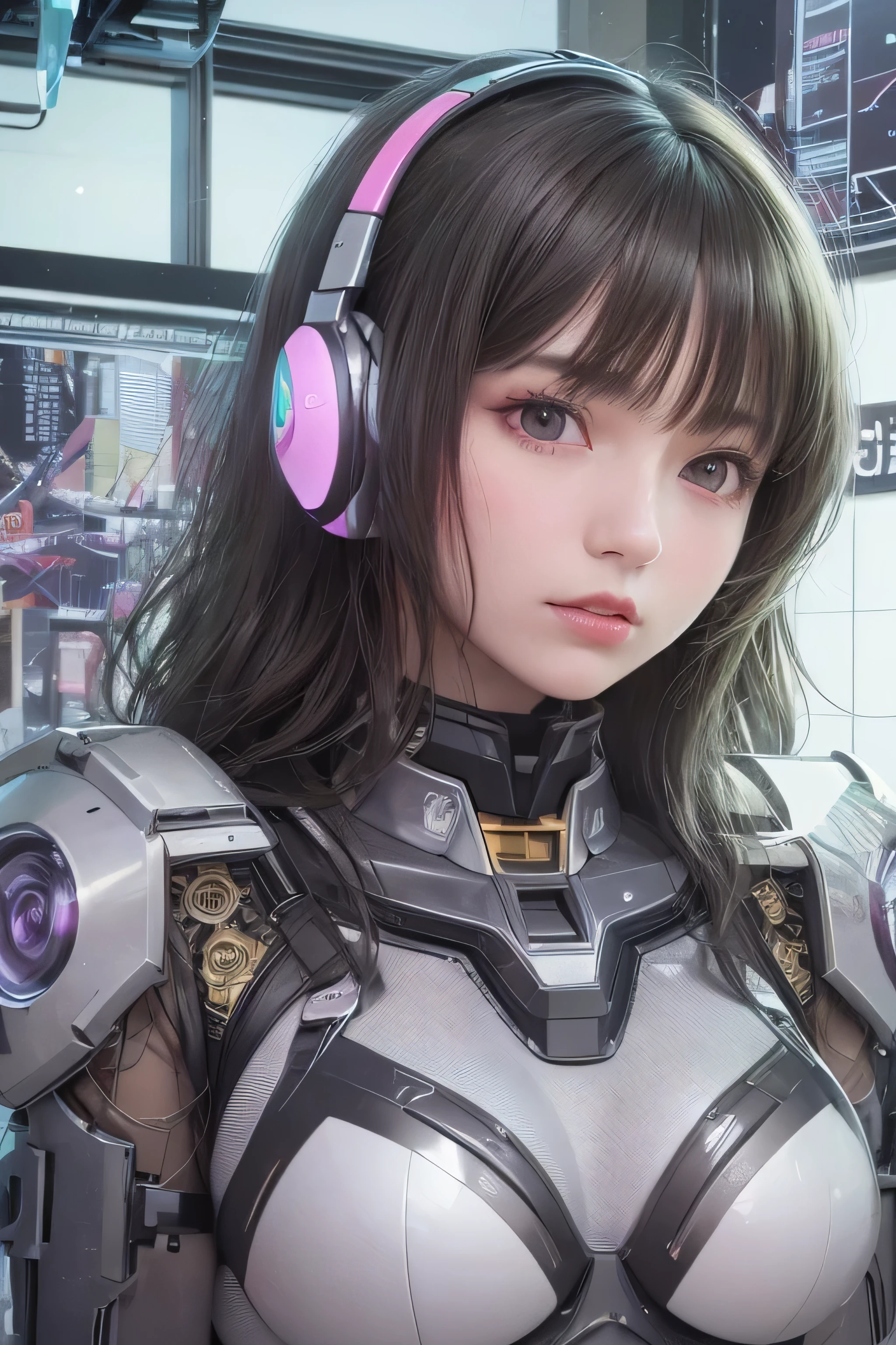 8K, Best quality, masute piece, ultra-high-resolution, (Realism: 1.4), Girl in Futuristic Combat Suit, (purple-eyed), ((Luminous Eyes)), in the cockpit of mecha, Real Woman, Cleavage, Real Face, Cute girl, smile, perfect cyborg girl wearing sci-fi headphones, a  beautiful female , Beautiful girl cyborg, Black-haired, Wet hair、manipulator, rkgk,