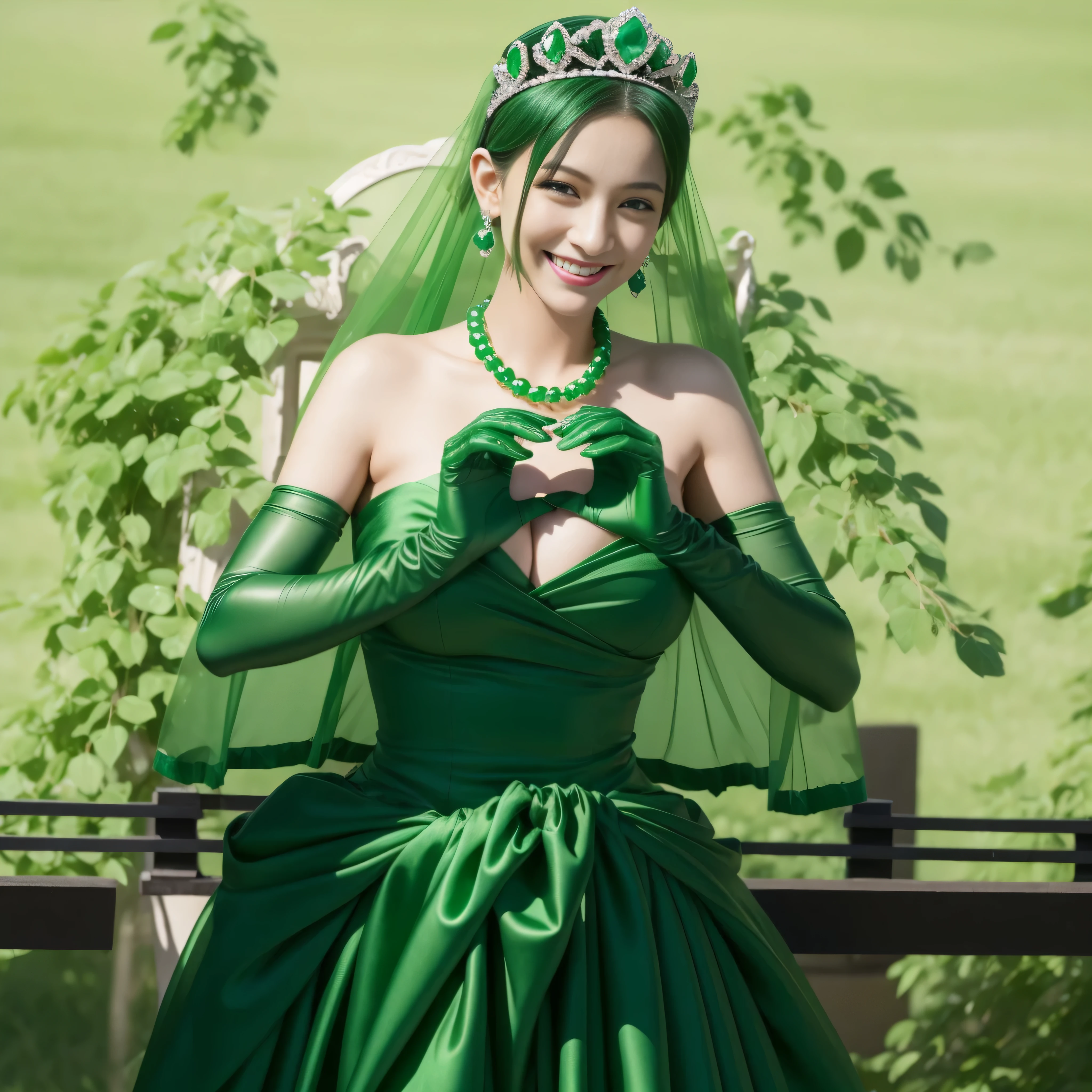 emerald tiara, green pearl necklace, boyish very short green hair, lipstick, smiling Japanese woman, very short hair,  Beauty with large breasts, green eyes, Long Green Satin Gloves, green eyes, emerald earrings, green veil, heart with both hands