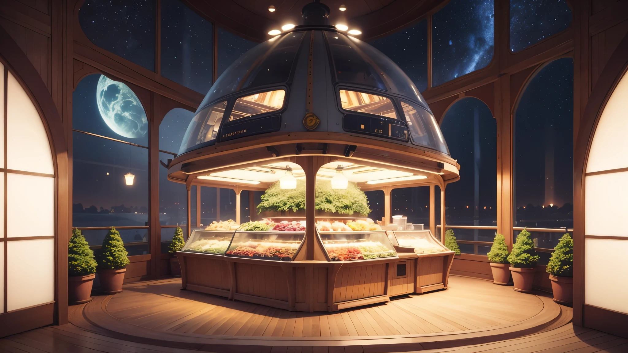 Market on a spaceship, Decorated with trees inside the ship, Outside the window, there are beautiful stars shining.