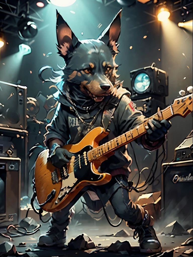 c4tt4stic,Cartoon of a rock singer playing an electric guitar、Chien doberman（Des performances intenses）