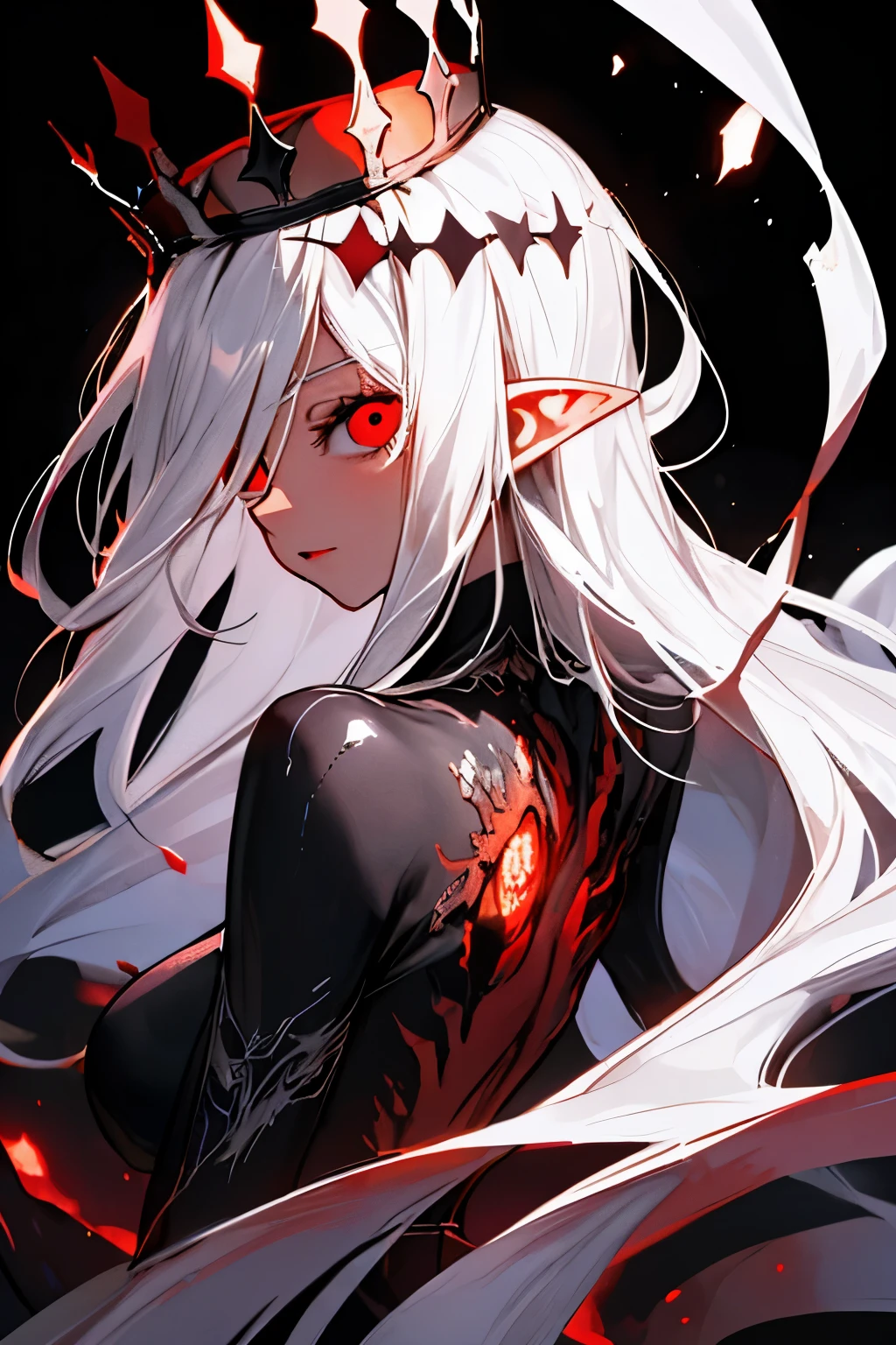masterpiece, best quality, ultra-detailed, absurdres, colorful, 1girl, solo, (solid red eyes:1.0), (white hair, long hair, straight hair, hair over one eye:1.0), detailed eyes, wide-eyed, eyelashes, (upper body:0.8), monster girl, side view, glowing eyes, tilted head, night, black suit, pointy ears, horror, dark, black background, looking at viewer, crown, high contrast, backlighting, (standing:0.8), aura, fractal background, chaotic, spiral, demon horns, energy, mosaic, inferno