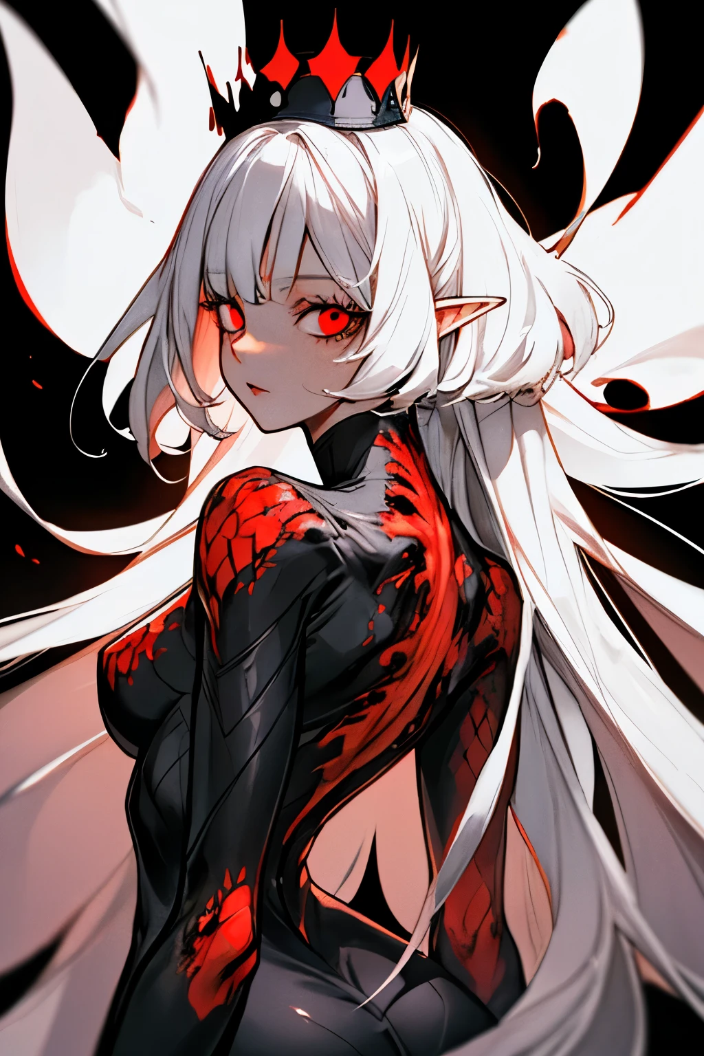 1girl,mature female,30s,sensual,black langerie,cleavage,medusa hair,pointy ears,black hair,long hair,(((red skin,colored skin))),night,moon,floating,evil smile,dynamic pose,demon girl, horns, demon tail