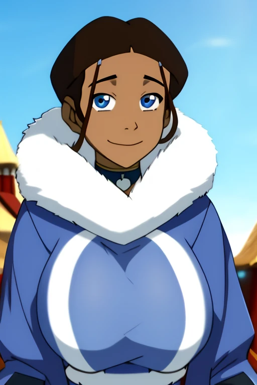 katara, catoon_style, 1girl, solo, looking_at_viewer, smile, short_hair, bangs, blue_eyes, brown_hair, black_hair, closed_mouth, upper_body, choker, dark_skin, blunt_bangs, blurry, dark-skinned_female, coat, fur_trim, blurry_background, parody, very_short_hair, blue_coat, very_dark_skin, (gigantic breasts)