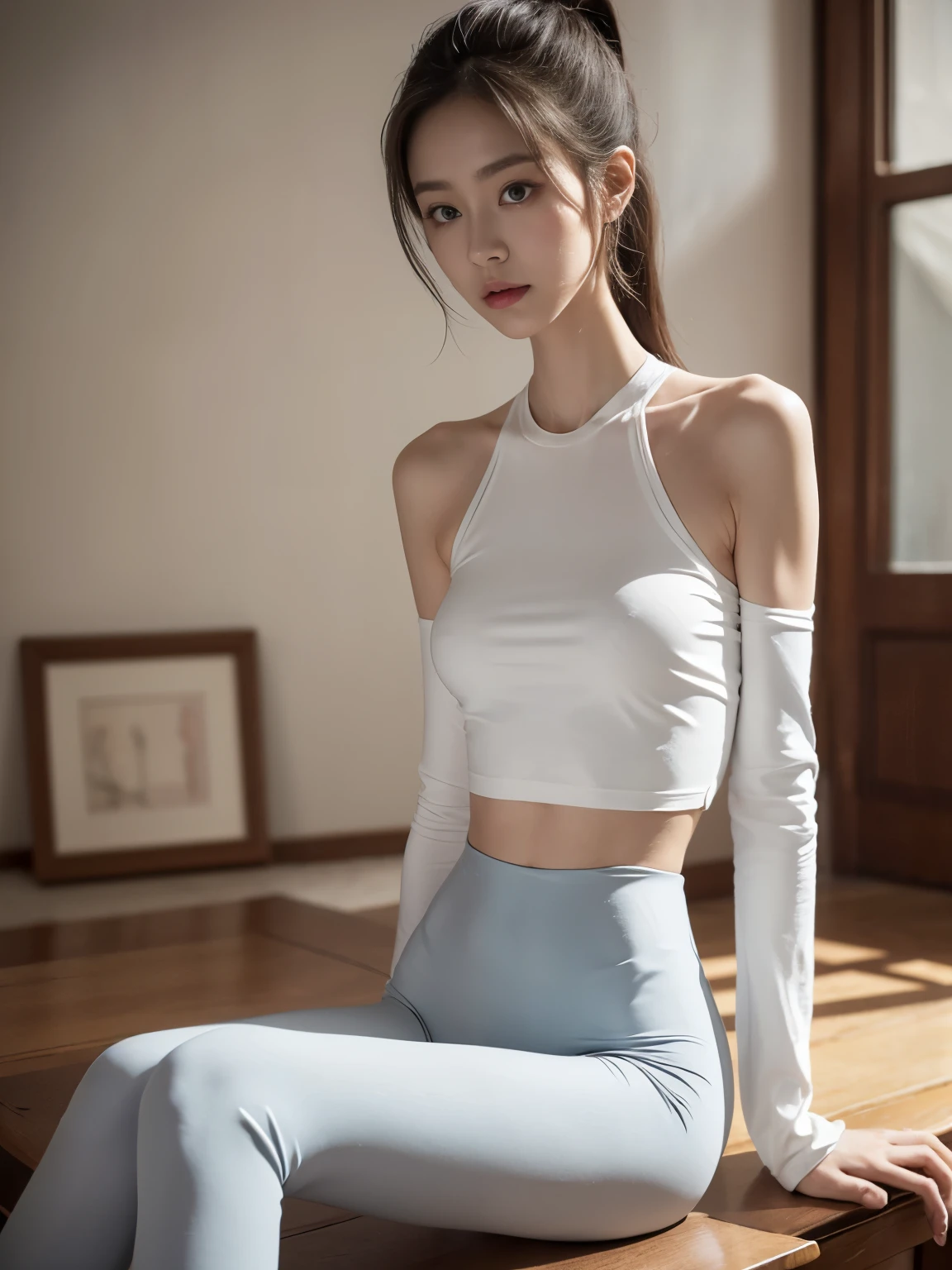 (Photorealistic),(Masterpiece),(ultra-detailed),a shot of very beautiful and tall but so delicate and weak and thin and fragile because she hasn’t eaten for a month,wearing tight high waisted leggings and tight long sleeve top,have absolutely no fat or muscles, quite tall but very small and feeble and fragile body frame and figure,enduring extreme hunger,big eyes and very small face,about to faint but resisting,extremely severely malnourished,trying to stay positive,legs and waist thin as arms