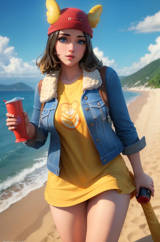 (4k, best quality, masterpiece:1.2), (realistic, photo-realistic:1.37),skye , on a beach, , , yellow long shirt, blue eyes , thick things, aroused, horny, cum, red hat, standing, , jacket, black leggings