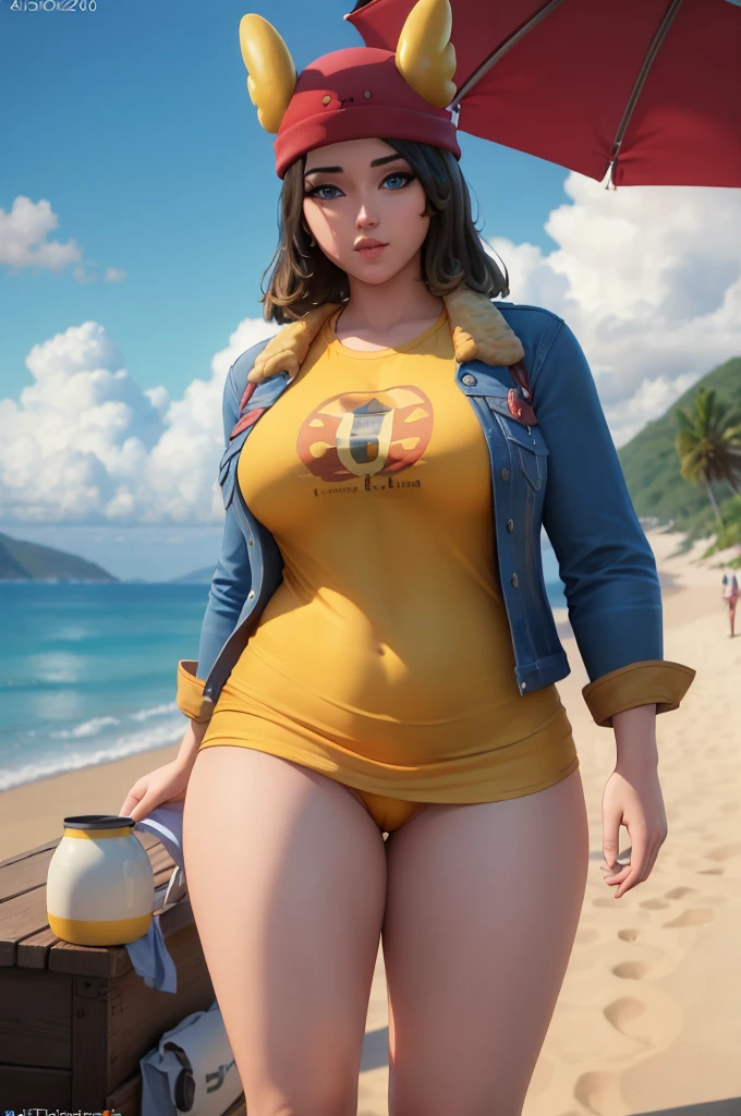(4k, best quality, masterpiece:1.2), (realistic, photo-realistic:1.37),skye , on a beach, , , yellow long shirt, blue eyes , thick things, aroused, horny, cum, red hat, standing, , jacket, black leggings