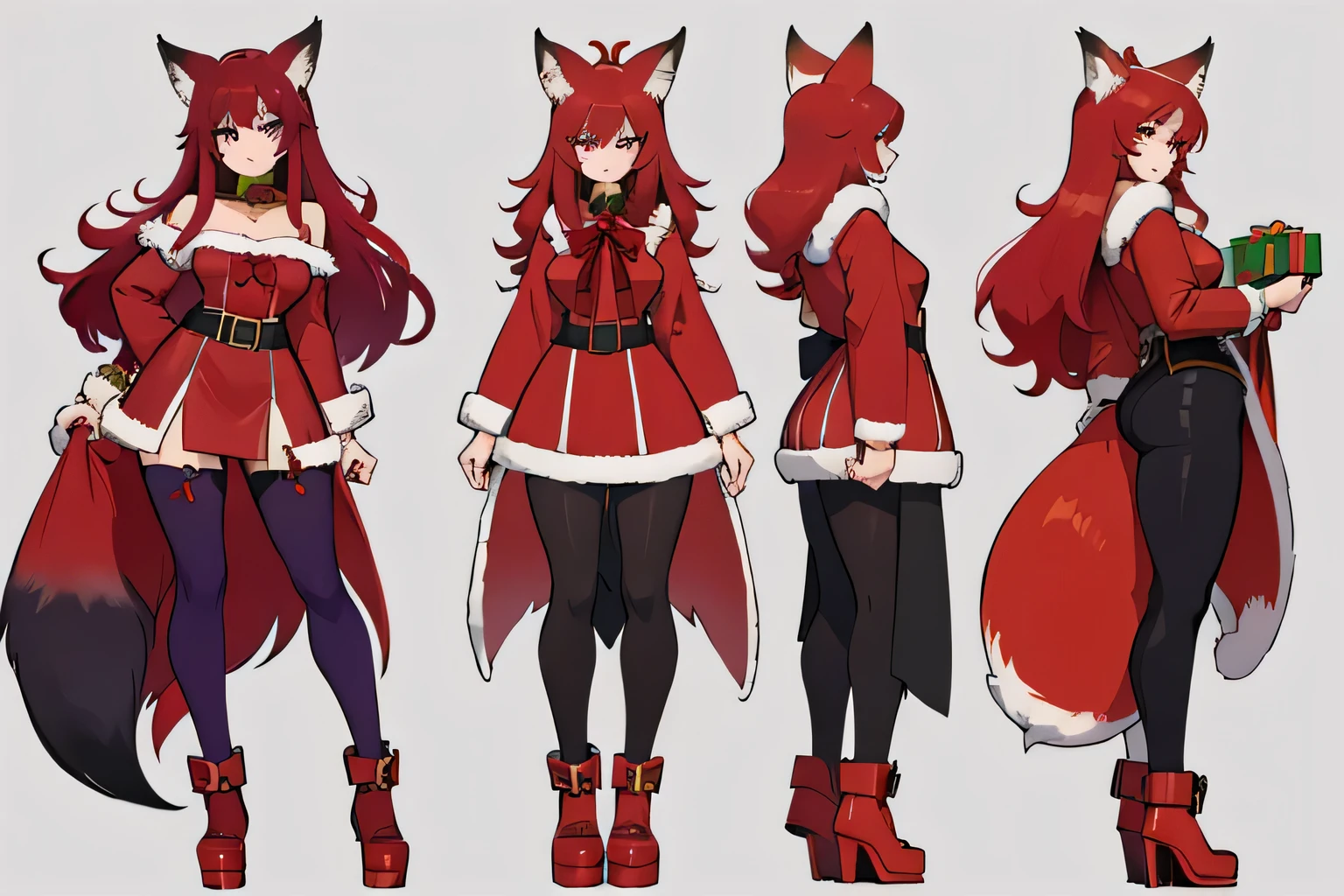 ((girl with red fox ears)), ((long red hair)), ((purple eyes)), ((big )), ((full body)), ((santa claus clothing)), ((template in all angles with same clothing))