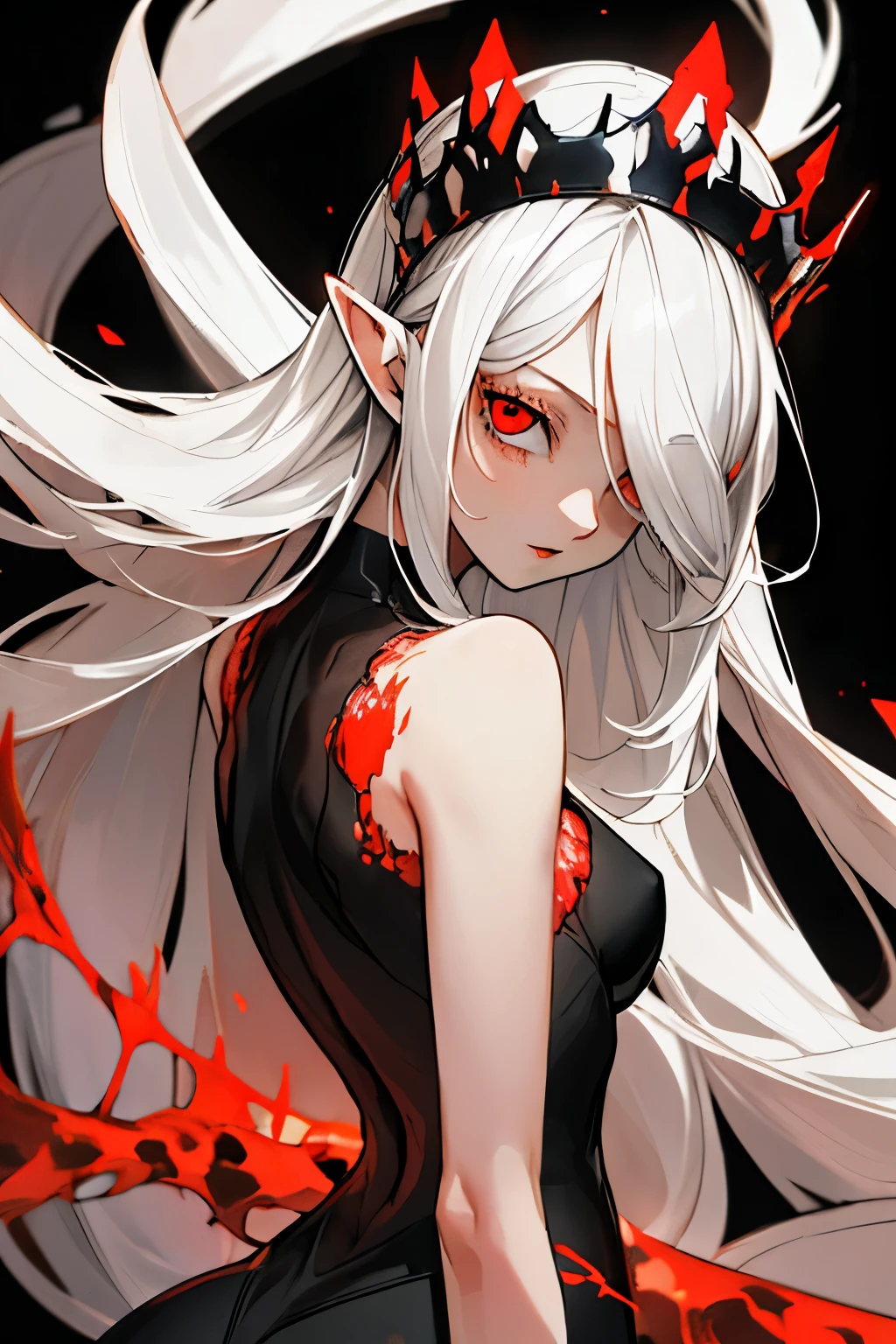 masterpiece, best quality, ultra-detailed, absurdres, colorful, 1girl, solo, (solid red eyes:1.0), (white hair, long hair, straight hair, hair over one eye:1.0), detailed eyes, wide-eyed, eyelashes, (upper body:0.8), monster girl, side view, glowing eyes, tilted head, night, black suit, pointy ears, horror, dark, black background, looking at viewer, crown, high contrast, backlighting, (standing:0.8), aura, fractal background, chaotic, spiral, demon horns, energy, mosaic, inferno