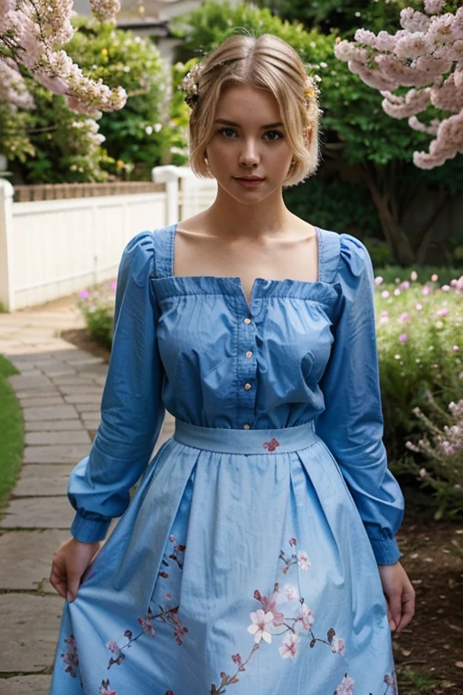 girl in the garden with sakura, blonde with short hair, slightly plump, long dress with long sleeves, blue, more flowers girl in romantic style, flared skirt of the dress