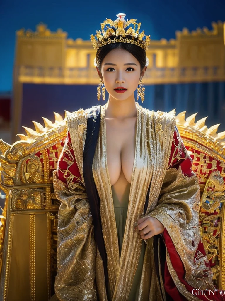 Best quality, masterpiece, detail, intricate detail, realistic cinematic lighting, (fantasy art: 1.6), (seiza: 1.1), (front: 1.2), upright, royal, majestic, queen, (huge and golden throne: 1.4), crown, close-up front, solemn, throne, upright posture, seriousness, dignity, gaze ahead, contemplation, jewelry, solo, divine ray, 1 woman, gold and red dress, golden palace,(Full Body Angle),(cute face:1.15),(huge breasts:1.2)