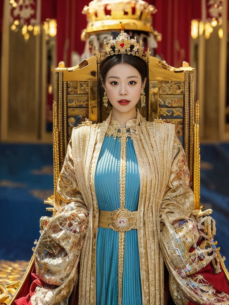 Best quality, masterpiece, detail, intricate detail, realistic cinematic lighting, (fantasy art: 1.6), (seiza: 1.1), (front: 1.2), upright, royal, majestic, queen, (huge and golden throne: 1.4), crown, close-up front, solemn, throne, upright posture, seriousness, dignity, gaze ahead, contemplation, jewelry, solo, divine ray, 1 woman, gold and red dress, golden palace,(Full Body Angle),(cute face:1.15),(huge breasts:1.2)