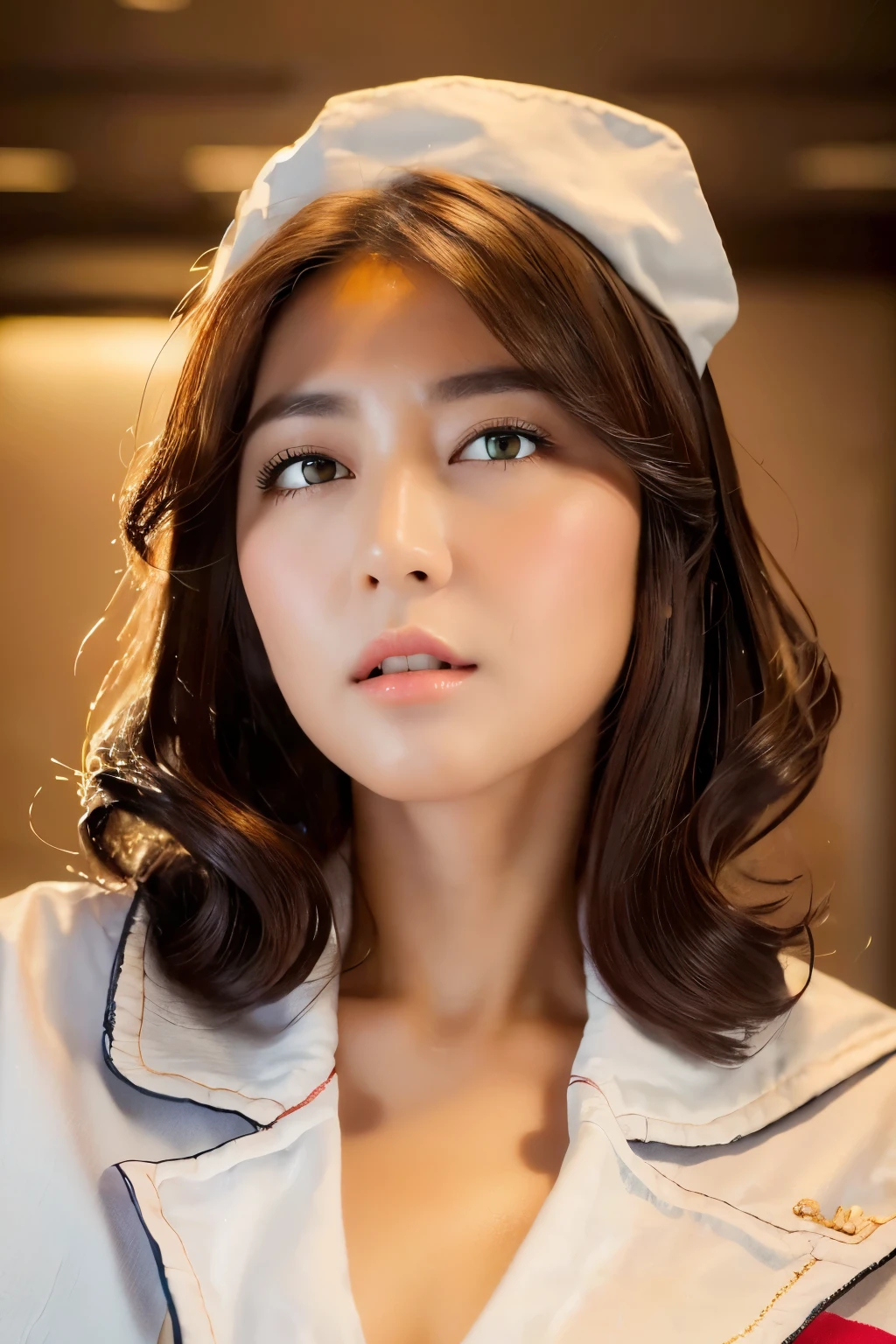 (Best quality, 8k, 32k, Masterpiece, UHD:1.2),Photo of Pretty Japanese woman, 1girl, (medium-short dark brown hair), (large breasts), double eyelid, White nurse uniform, small white nurse (cap), white shirt, open shirt, hospital, patient's room, upper body, sexy