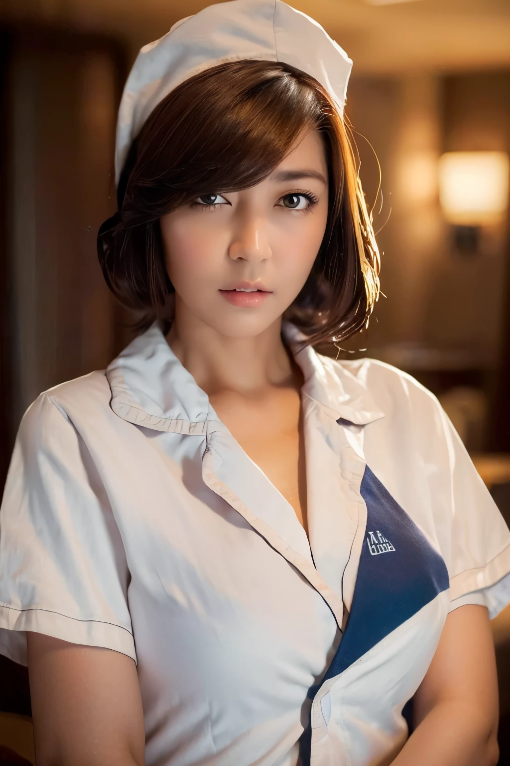 (Best quality, 8k, 32k, Masterpiece, UHD:1.2),Photo of Pretty Japanese woman, 1girl, (medium-short dark brown hair), (large breasts), double eyelid, White nurse uniform, small white nurse (cap), white shirt, open shirt, hospital, patient's room, upper body, sexy